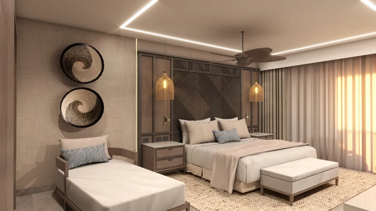 Presidential Suite Ocean Front Plunge Pool bedroom with king bed and modern décor at Secrets Tides Punta Cana.